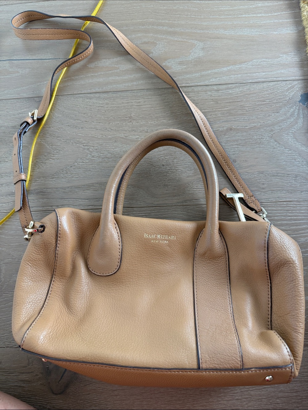 Isaac Mizrahi Tan Pebbled Leather Satchel with Adjustable Strap